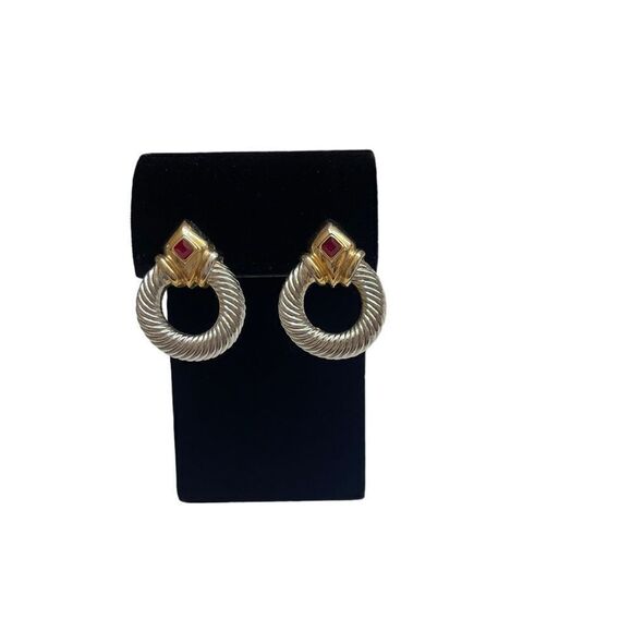 Vintage 80’s Twist Silver/Gold Tone Cable Door Knocker with Red Stone Earrings - Picture 3 of 7